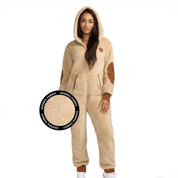 Tipsy Elves Women's Tan Sherpa Jumpsuit. Size M - Picture 1 of 13
